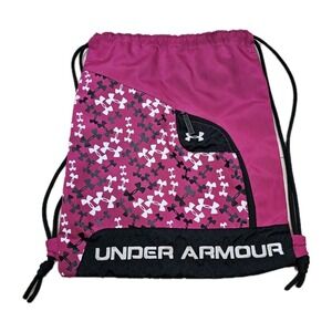 Under Armour Pink Drawstring Sackpack Gym Bag Backpack UA Logo Pattern Zip Pocke